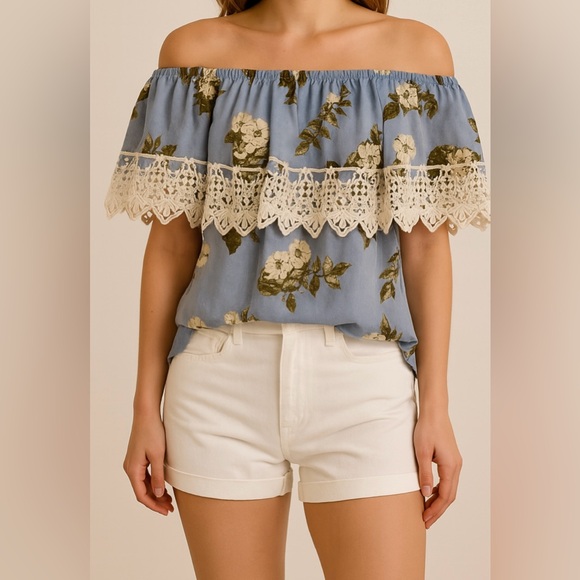 Say What? Tops - Say What?‎ Cold Shoulder Floral Lace Trim Top Off‑Shoulder Boho Blouse Size M
